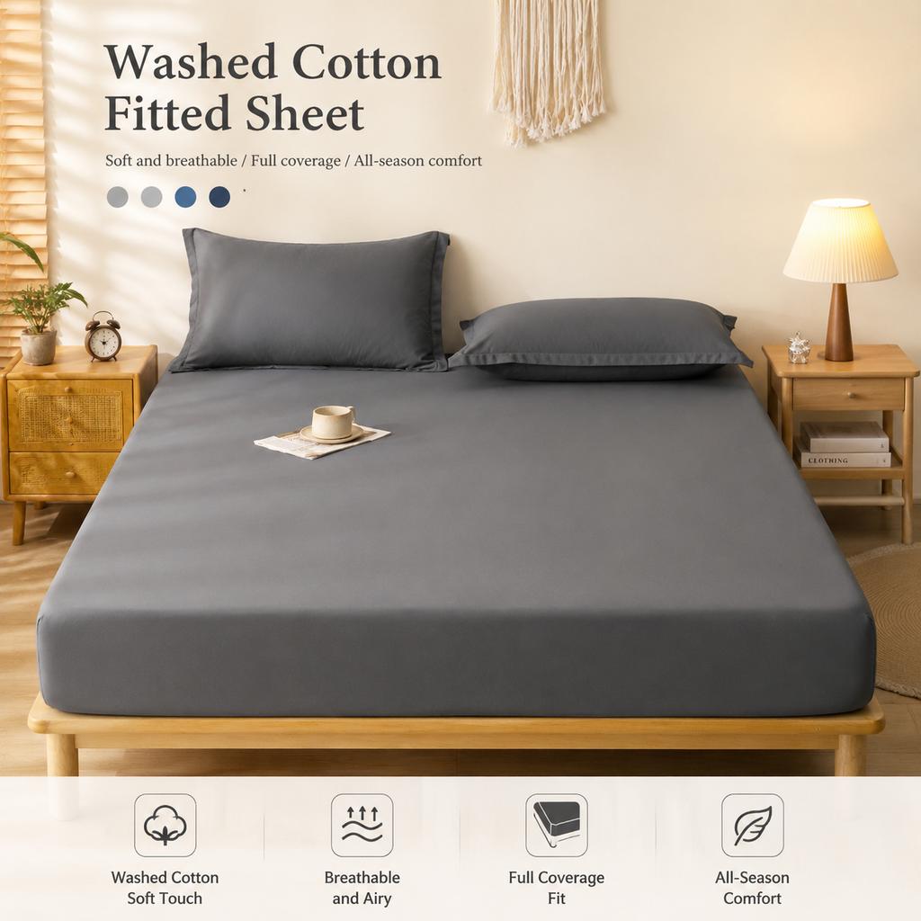 Brushed Washed Cotton Fitted Sheet, All Seasons Full Wrap Mattress Protector Cover with Pillowcase, Dustproof Anti-Dirty Bed Linen