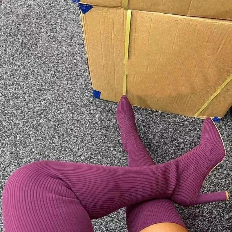 Fashion New Autumn Winter Pointed Thick High-heeled Knitted Over-the-knee Boots Women's Elastic Wool Socks Boots Chaussettes et bottes