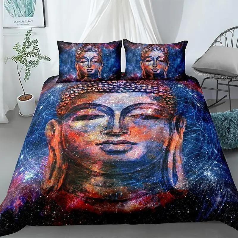 Buddha Duvet Cover Set King Size Exotic Ethnic Bohemian Bedding Set Microfiber Golden Buddha Statue Print Gorgeous Quilt Cover