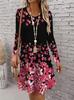3D Retro Floral Pattern Casual Dress, Women's Autumn Long Sleeved Round Neck Casual Mini Dress