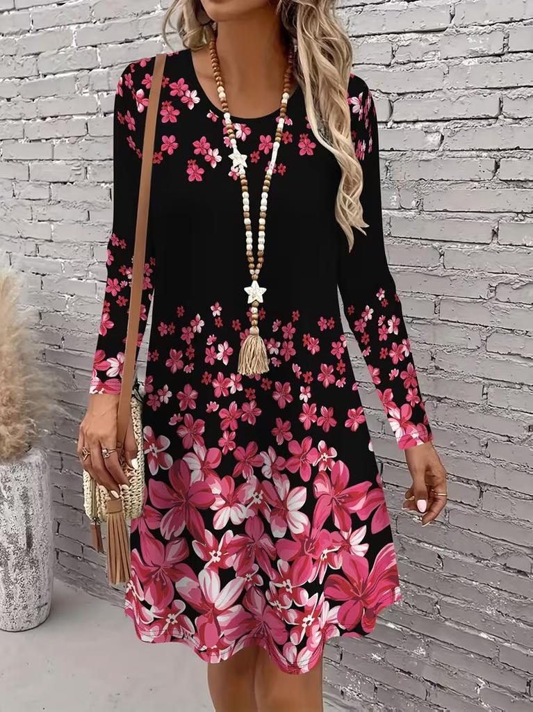 3D Retro Floral Pattern Casual Dress, Women's Autumn Long Sleeved Round Neck Casual Mini Dress