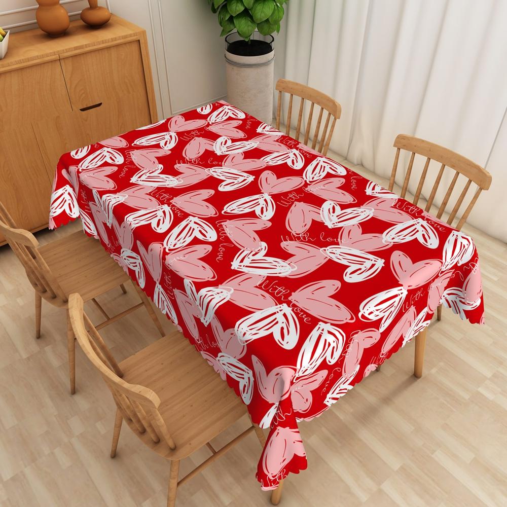 Valentines Day Tablecloth Waterproof Pink Red Heart Pattern Romantic Dinner Date Washable Kitchen Table Cover Wedding Decoration