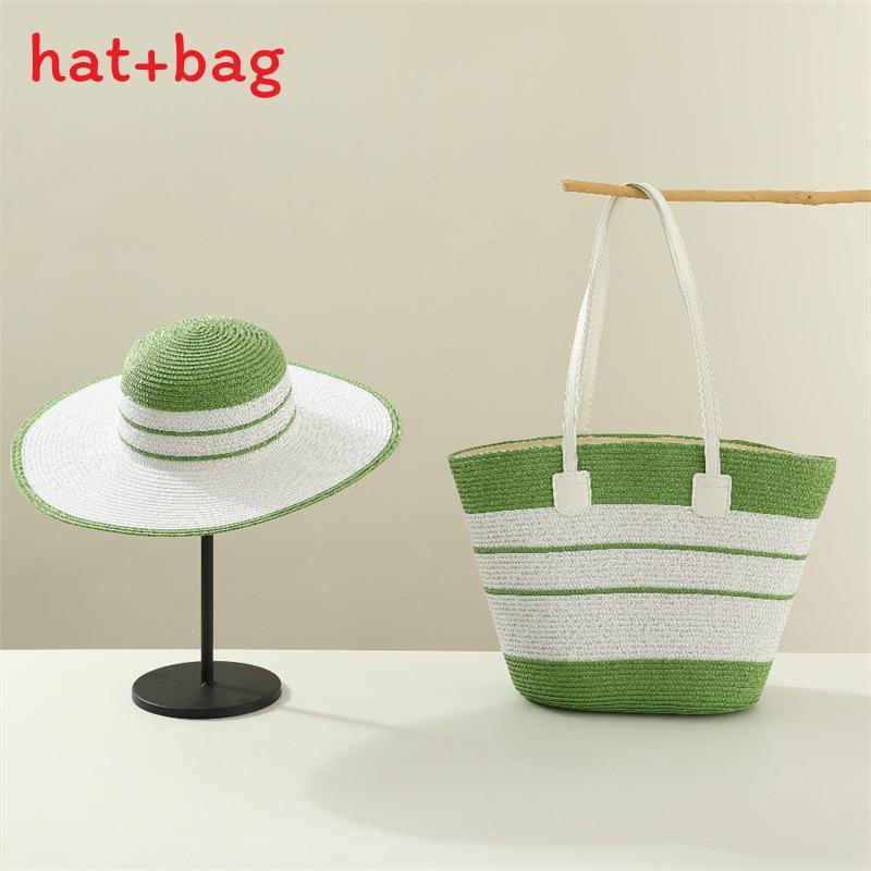 Woven Sun Hat And Large Capacity Straw Tote With Striped Pattern For Travel And Casual Wear
