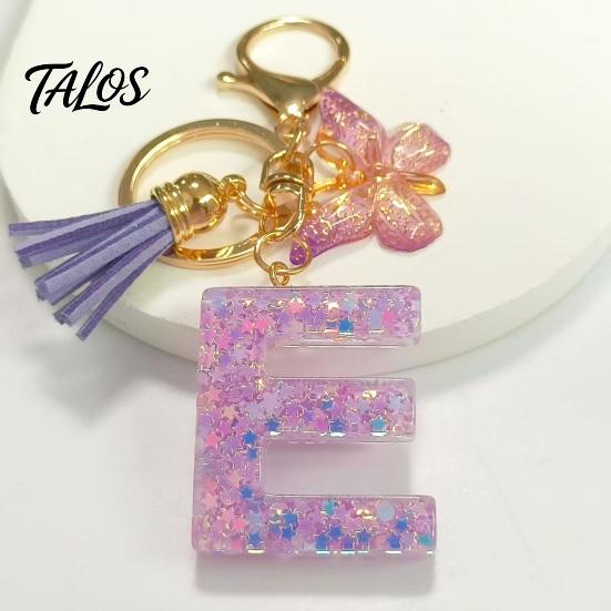 Talos Purple Series Keychain Pendant, Sequins Star Initial Letter Charm Key Chain with Butterfly Tassel Design, A-Z Holder for Bag Purse Backpack