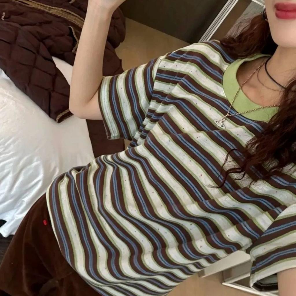Korean lazy striped contrasting color short-sleeved T-shirt women's summer new loose niche casual retro relaxation top