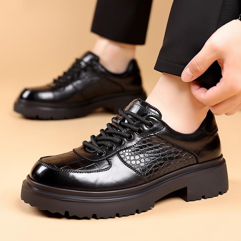 Fashion Crocodile-patterned Anti-slip Leather Shoes Men New Designer Fashion Casual British Style Solid Color Platform Dress Shoes Man