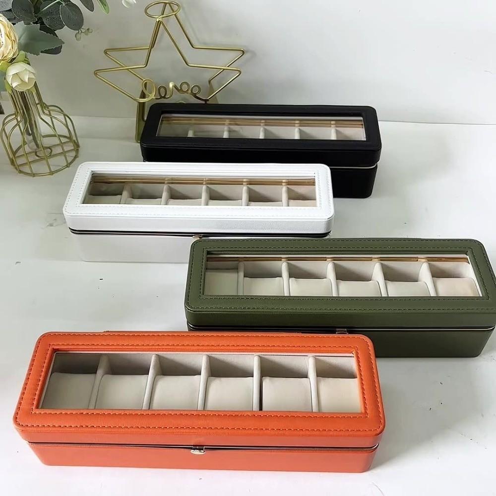 New PU Leather Watch Storage Box Clear Window 6 Slots Watch Organizer Case Soft Interior Transparent Lid Watch Bracket