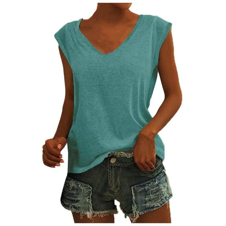Damen Casual V-Ausschnitt Locker Geschnittenes T-Shirt Einfarbig Kurzarm Bluse Tanktops