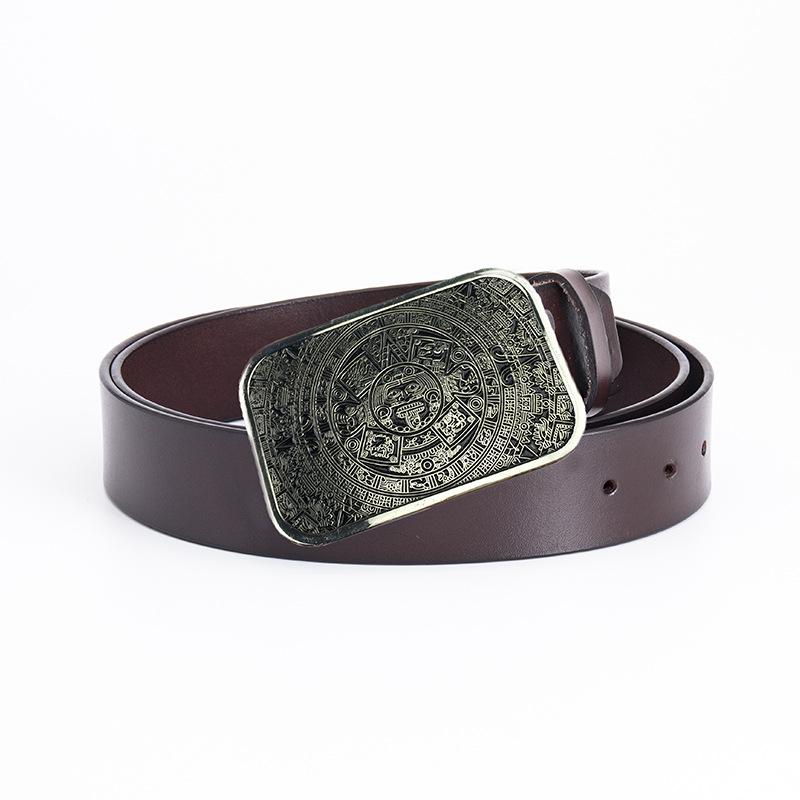 Glossy Whole Cowhide Belt, Zinc Alloy Ancient Tin Aztec Calendar Belt, Retro Large Size Pure Leather Belt.