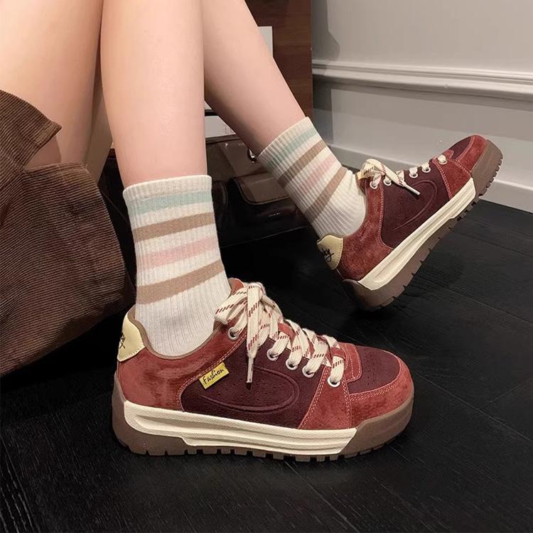 

Autumn Color Blocked Thick Soled Women s Sneakers Retro Height Increasing Casual Shoes Breathable Board Shoes Zapatos De Mujer 40 бордовий