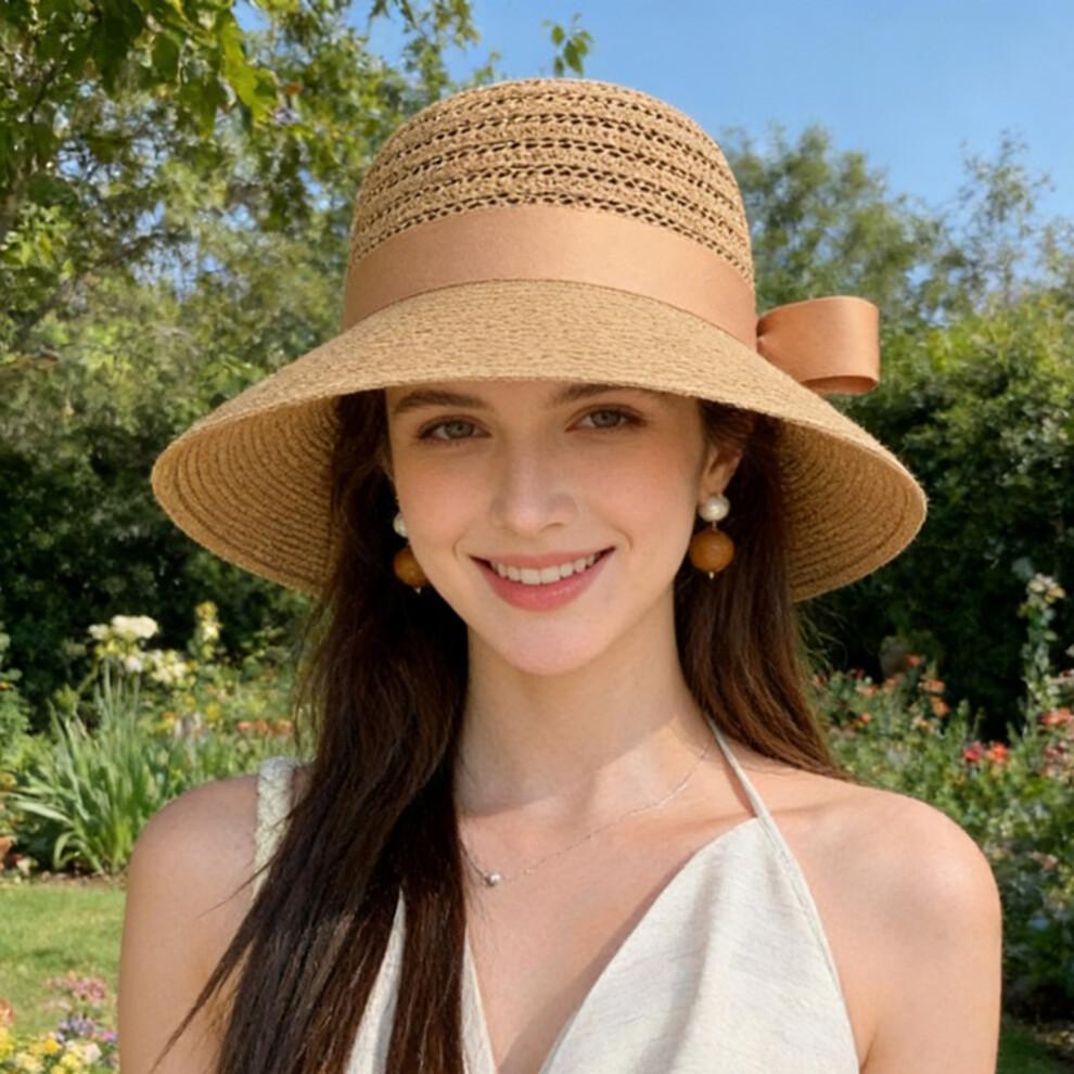 (One Size, Khaki) Women's Summer Straw Hat Wide Brim Beach Cap Outdoor Hollow Sun Hat with Bowknot