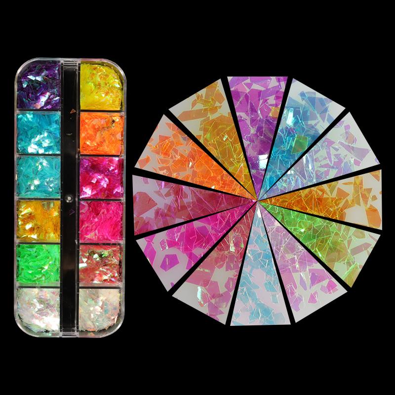 

12 сеток ярких цветов, нерегулярные блестки для ногтей, профессиональные принадлежности для ногтей «сделай сам», аксессуары