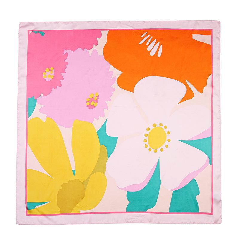 Korean Floral Print Satin Chiffon Square Scarf, 90cm, Imitation Silk Headscarf