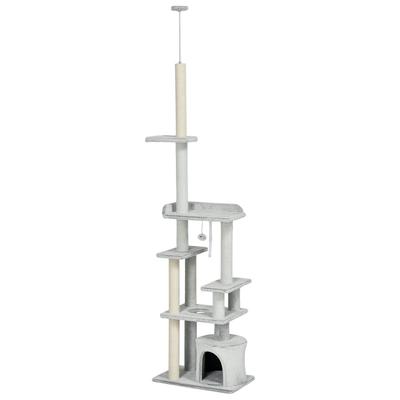 Arbre à Griffer pour Chat au Plafond avec Plateformes et Maison, 60x40x225-255cm, Gris