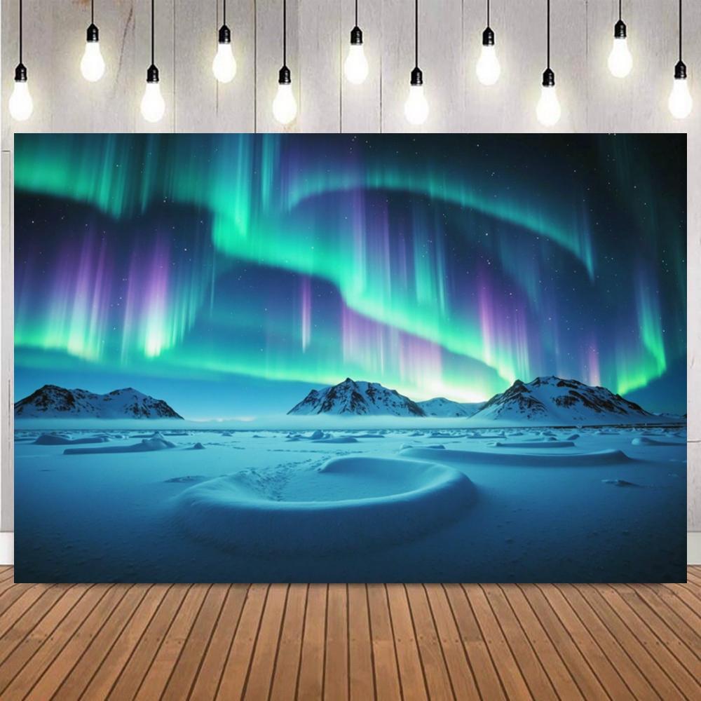Winter Night Sky With Aurora Backdrop Snow Scene Mountains Lake Forest Starry Sky Natural Landscape Decor Photography Background14