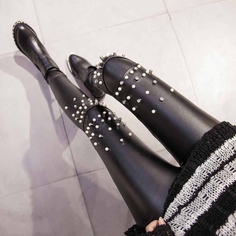 Knee hole lace rivet pu imitation leather leggings personalized slim-fitting high-waisted nine-point pants
