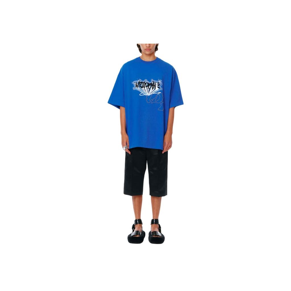 We11done Ss22 Rhinestone Logo Print Round Neck Short Sleeve T-Shirt Unisex T-Shirts Blue WD-TT1-22-692-U-BL
