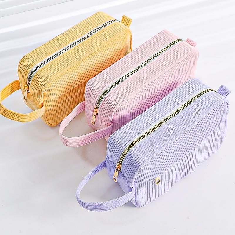 Cream Corduroy Pencil Case Big Capacity Square Shape Pen Case Pouch for Office School Supplies
