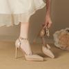 8-One-word Rivet High Heel Single Shoes Pointed Thin Heel Waterproof Table Sandals Women's Hollow Bag Head High Heels