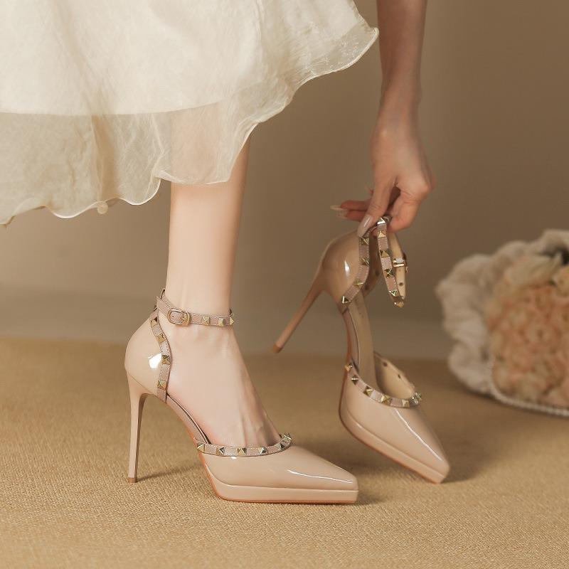 8-One-word Rivet High Heel Single Shoes Pointed Thin Heel Waterproof Table Sandals Women's Hollow Bag Head High Heels
