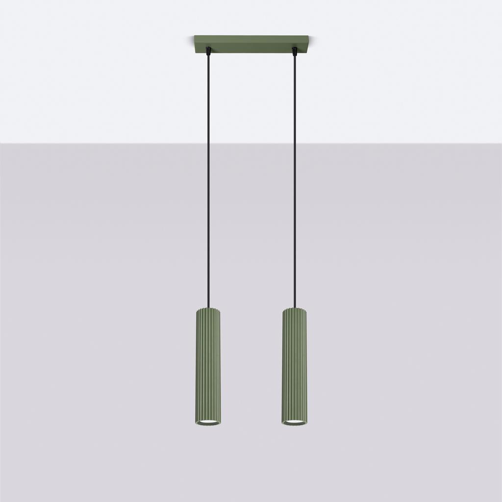 Modern hanging lamp, green olive strip, two corrugated tubes for the kitchen above the island, 2xGU10 10W KARBON Sollux Lighting
