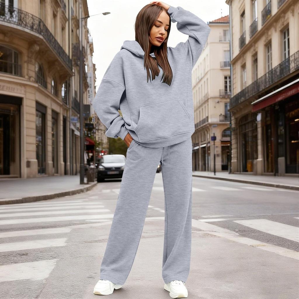 Dámská módní mikina s kapucí volného střihu s kapsami a souprava kalhot podšitých fleecem