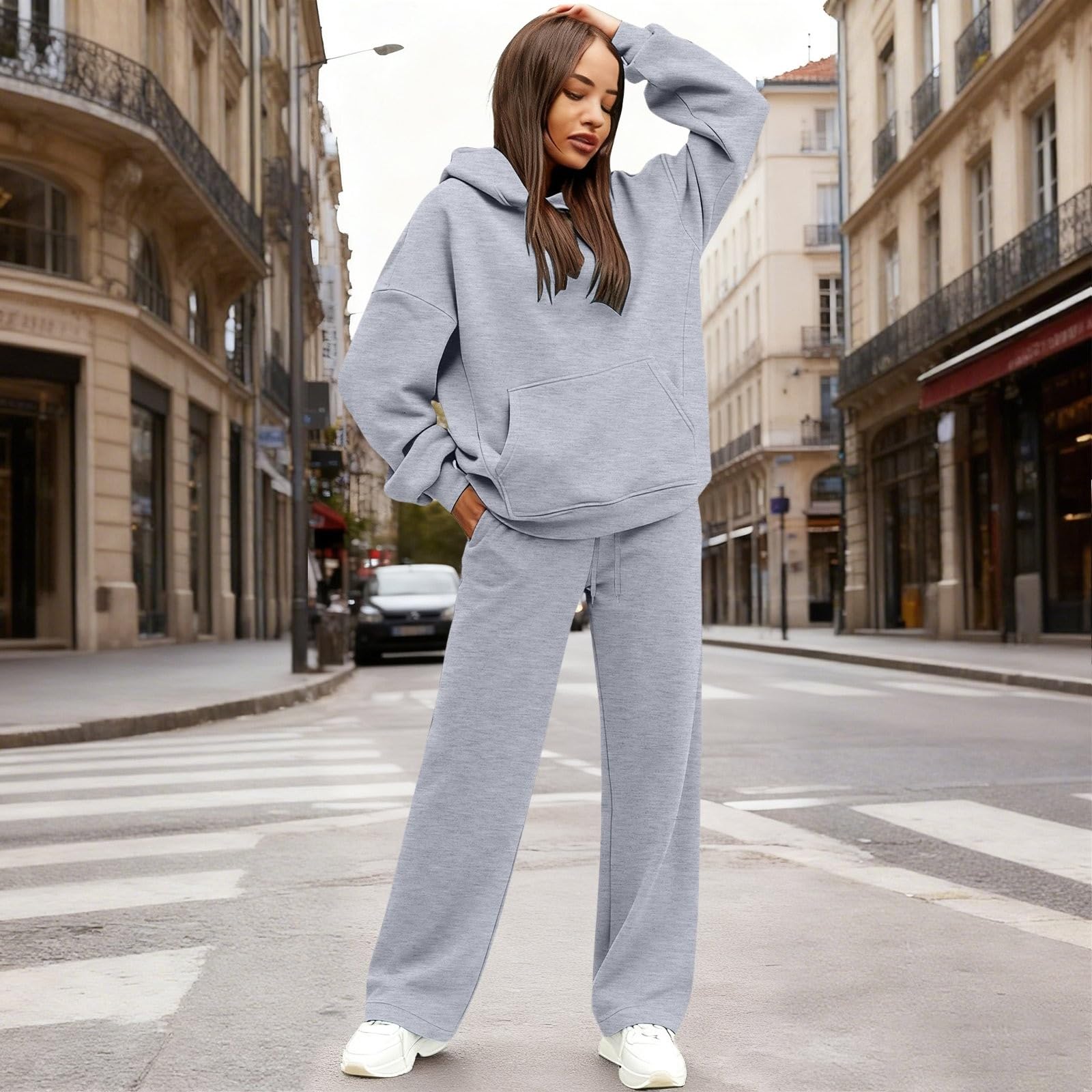 

Женский модный худи свободного кроя с капюшоном и карманами и комплект брюк на флисовой подкладке L