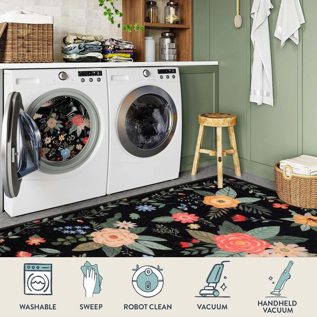 Black Floral Kids Rugs for Playroom, Cottage Core Rug for Bedroom Dorm Aesthetic,Low Pile Printed Floor Whimsical Carpet for