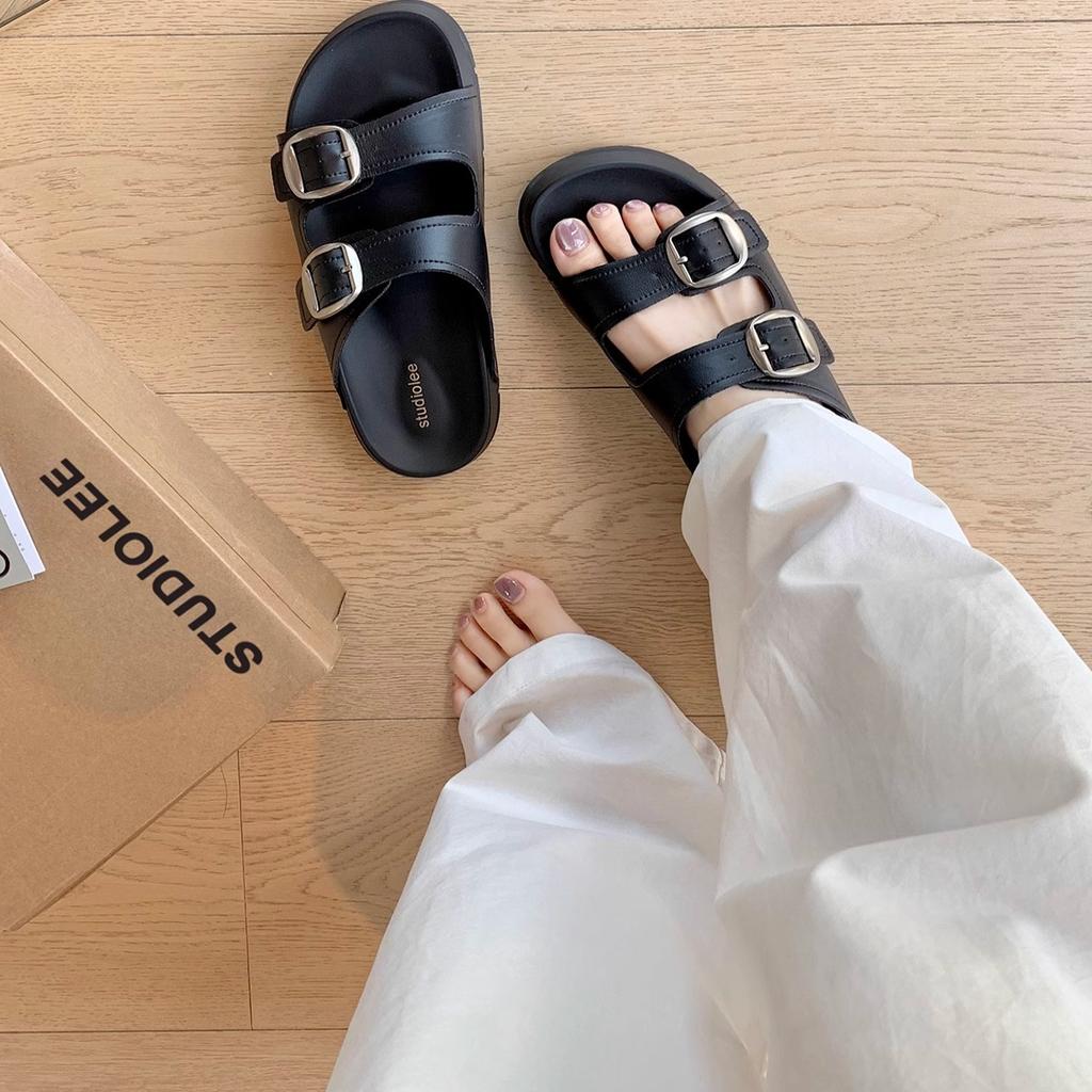 Cowhide version~ Height increase 3.5cm lazy round head double buckle with beach wear cool slippers women