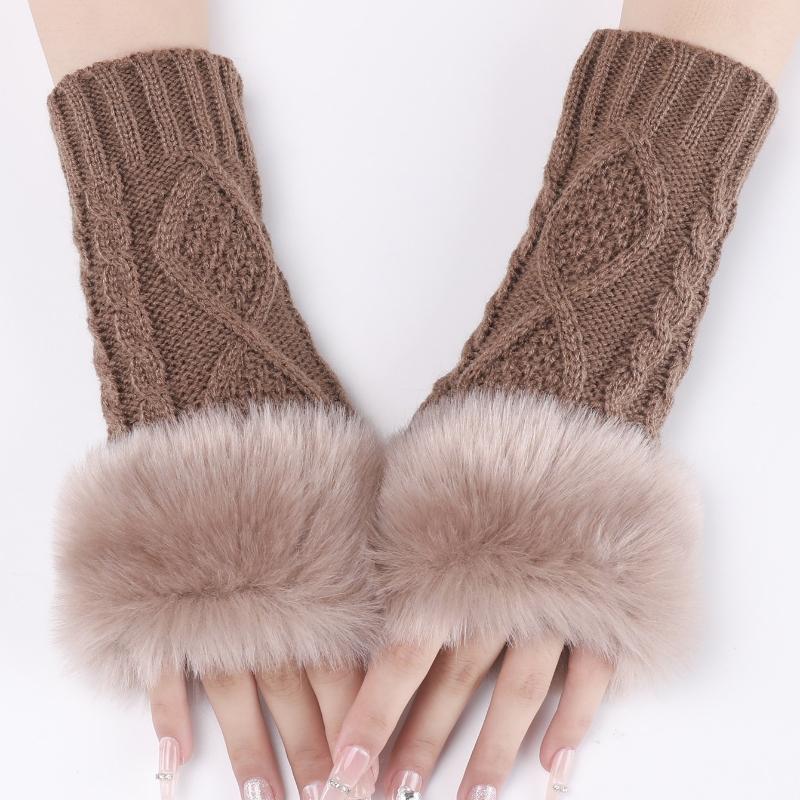 1pair Women's Coffee Colored Short Knitted Gloves with Exposed Fingertips, Winter Warm and Stylish