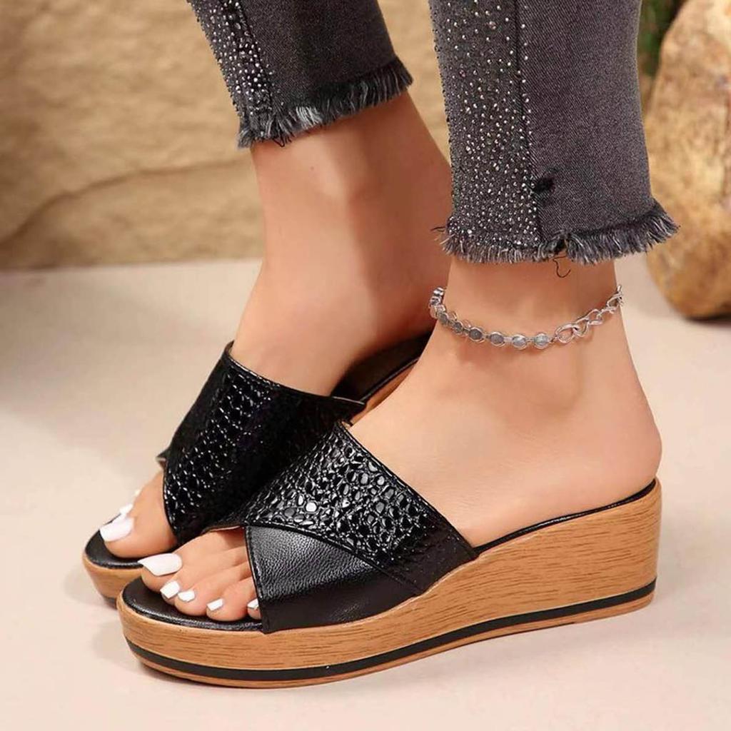 Large Size Stone Pattern Fish Mouth Thick Soled Slippers For Women Border Casual Outer Wear Wedge Heel Women S Shoes Sandals