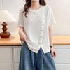 Plus Size Women's Patchwork Short Sleeve Tee with Studded Buttons - 2026 New Style Fashion Top