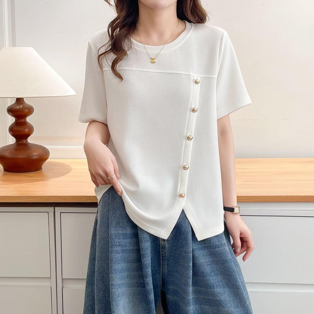 Plus Size Women's Patchwork Short Sleeve Tee with Studded Buttons - 2026 New Style Fashion Top