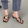 Fashion SUOJIALUN 2025 Summer Narrow Band Women Slipper Fashion Square Toe Slip On Sandal Shoes Thin High Heel Dress Sandal Shoes Slides