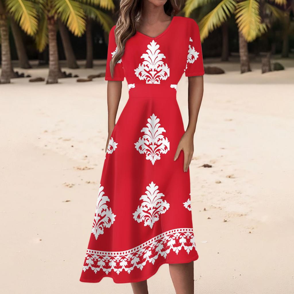 Damen Freizeitmode Retro Bedrucktes V-Ausschnitt Kurzarm Taillenlanges Kleid