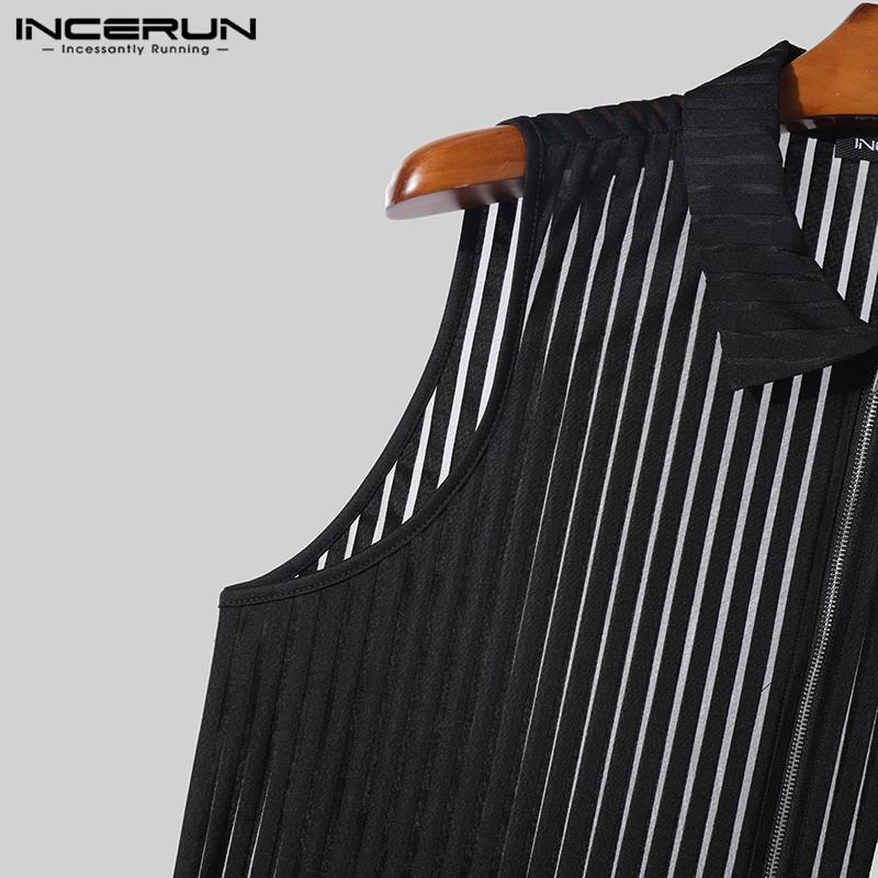 INCERUN Summer Men Sleeveless Zipper Up Vest Mesh See Through Tank Tops