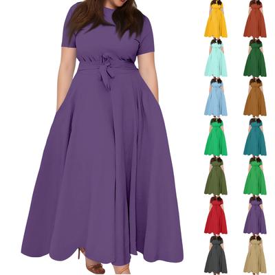 Women's Casual Fashion Large Size Solid Color Round Neck Short Sleeve Pocket Straps Swing Dress