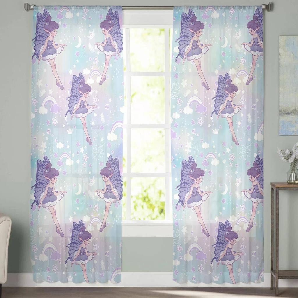 Fairy Rainbow Star Gradual Cloud Crown Bedroom Transparent Sheer Curtains Holiday Decoration Window Voile Tulle Curtain