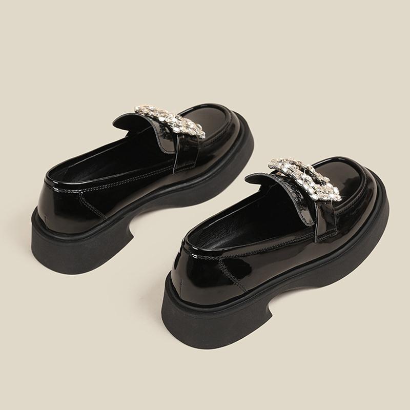 Brand Rhinestone Buckle Shoes Ladies Thicken Soled Flats Japanned Leather Oxfords Women Casual Slip On Loafers Lolita Shoes