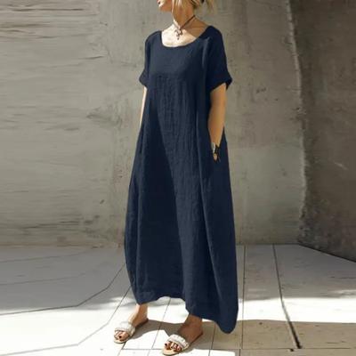Damenkleid, A-Linie, O-Ausschnitt, übergroß, einfarbig, kurze Ärmel, weich, Taschen in Übergröße, atmungsaktiv, knöchellang, Big Swing, lässiges Maxikleid