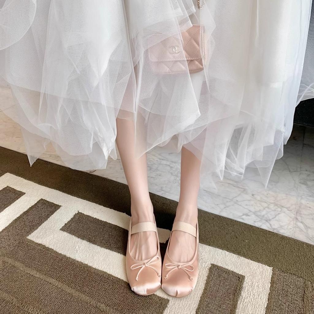 [Shei Su Yinyin] First Meeting In July~ Bow Satin Light Mouth Versatile Casual Mary Jane Ballet Women's Shoes