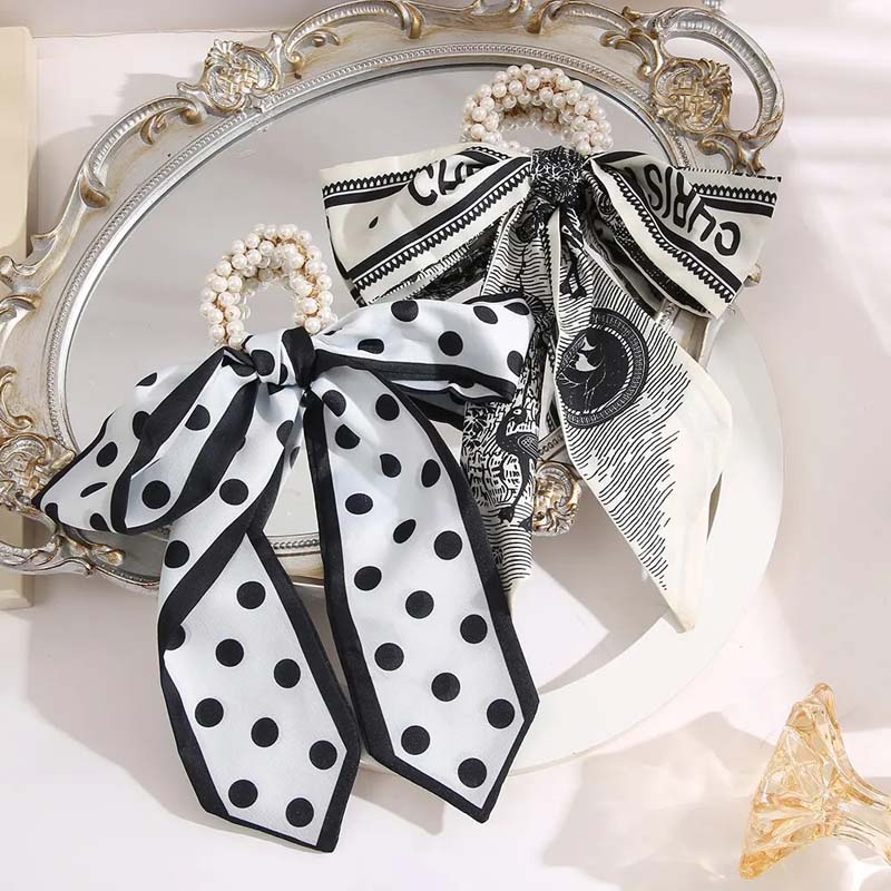 Fashion Pearl Scrunchies Ties Satin Long Ribbon Ponytail hair bundle Silk Floral Summer Hair Bands Accessories For Women Girls