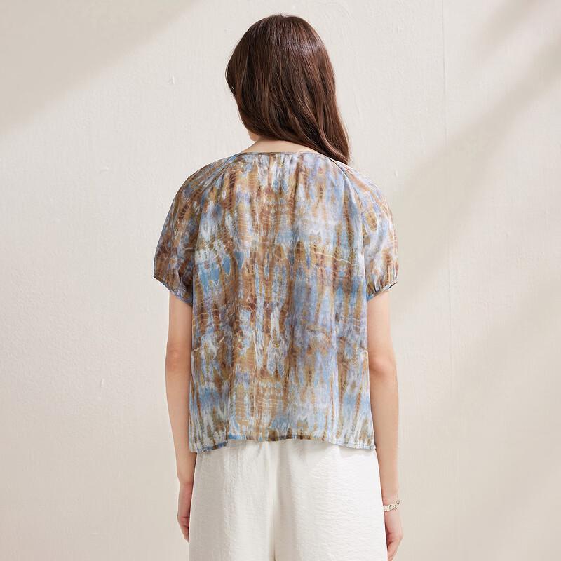 Women's Mulberry Silk Abstract Floral Short Sleeve Top