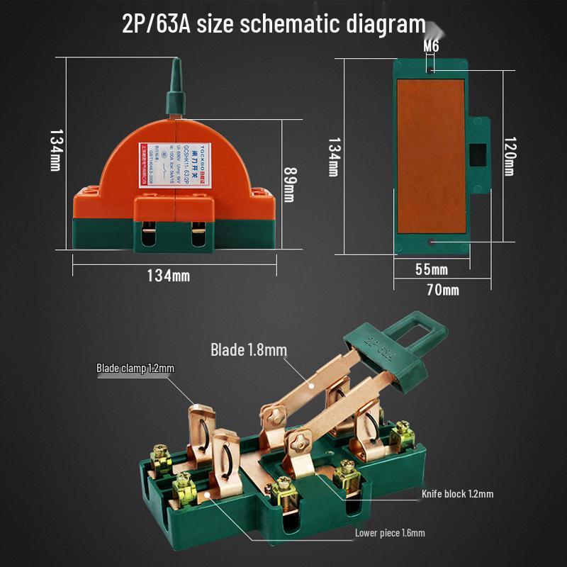 3P 63A Double-Pole Double-Throw Reversing Knife Switch, 100A Three-Phase, Dual Power Transfer