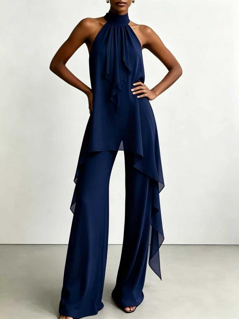 Cross-border special supply of European and American style neck off-the-shoulder chiffon top wide-leg pants set, temperament thin and drape two-piece 