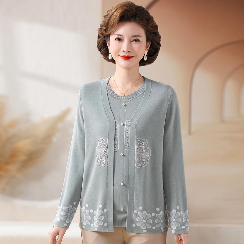 

Women s Two-Piece Set: Spring/Autumn Ice Silk Knitted Cardigan & Short-Sleeved Top for Middle-Aged and Elderly 2XL (recommended 110-120 jin) серый/синий