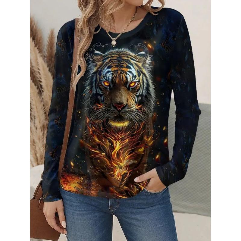 Autumn and Winter Women's Animal 3D Printed Crew Neck Long Sleeve T-Shirt