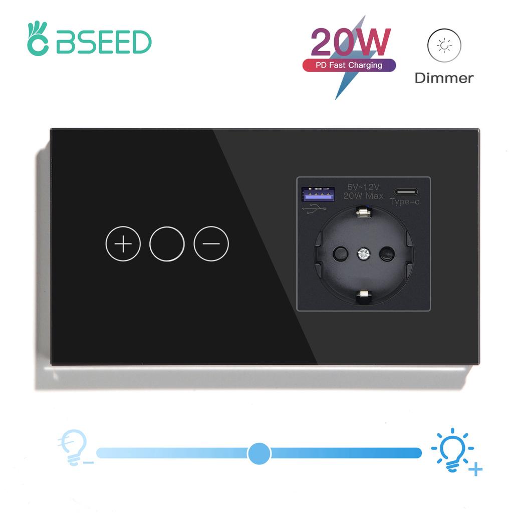 BSEED Touch Dimmer Switches 1gang1way Wall Light Switch LED Dimmer Plus EU Wall socket USB EU Standard Blue Backlight 10A