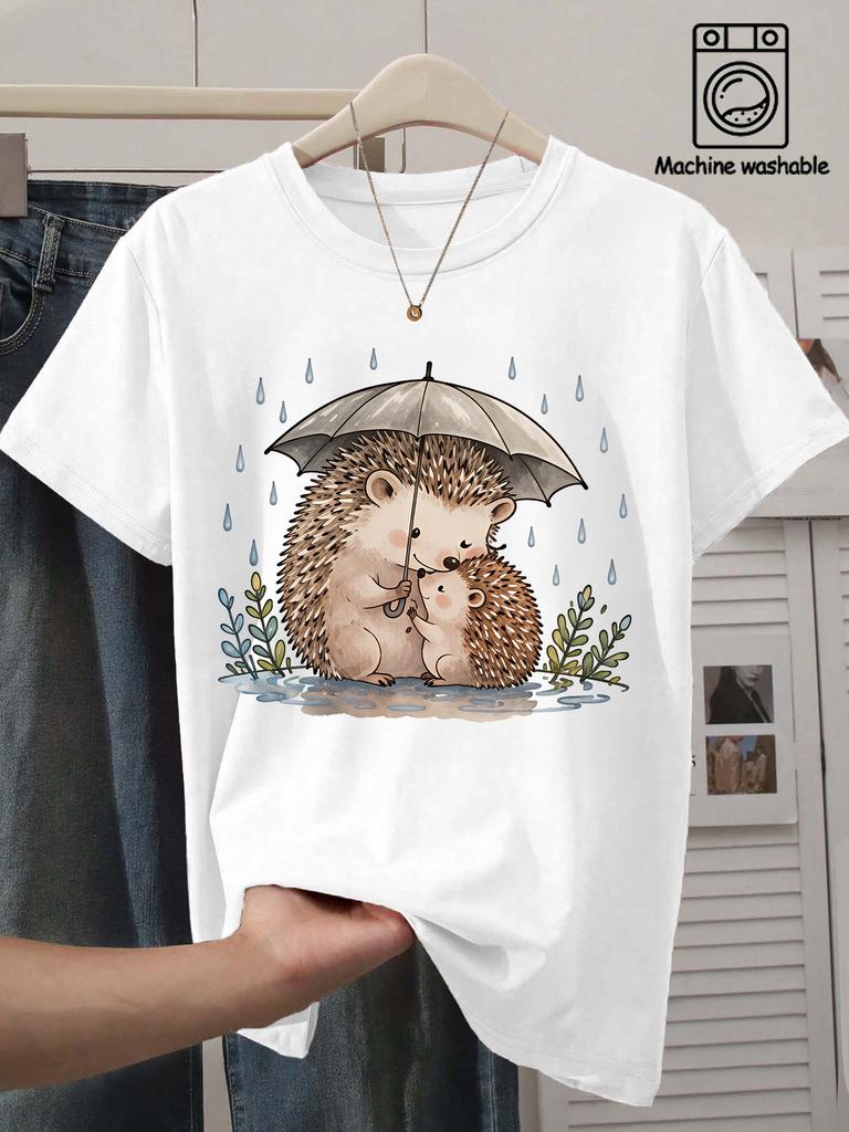 Hold An Umbrella and Snuggle Up with Small Hedgehogs Gentle Watercolor Small Animal Print Round Neck Women's T-shirt