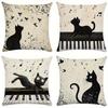Double-Sided Printed Throw Pillow Covers, Cat With Piano Musical Notes Print Cushion Cases, Retro Home Decor For Living Room